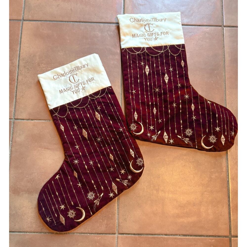 Charlotte Tilbury Velvet Christmas Stockings Only Empty Set of 2 Burgundy Gold